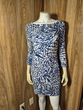 Lilly Pulitzer Sophie Dress UPF 50+ Indigo Homeslice Print White Blue Sz XS .gre